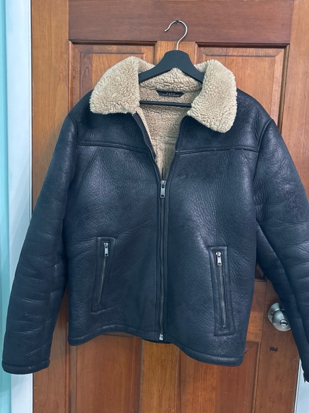 Zara Black Bomber Jacket with Cream Shearling Collar